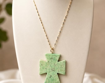 Mint Green Stone Cross Necklace | Gold Chain Cross Pendant | Vintage Inspired Statement Necklace | Natural Stone Jewelry Gift for Her