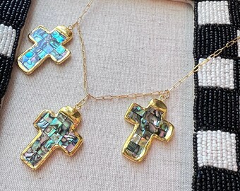 Natural Abalone shell cross pendant charm necklace with golden trim exquisite unique necklace