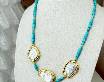 Turquoise Beaded Pearl Necklace with Gold Bezel Set Freshwater Pearls | Handmade Statement Necklace | Elegant Boho Jewelry