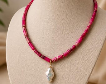 Pink Jasper Necklace with Baroque Pearl Pendant, Handmade Gemstone Necklace, Statement Pearl Jewelry, Coastal Chic Necklace, Gift for Her