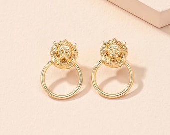 Gold Lion Head hoop vintage style Earrings *