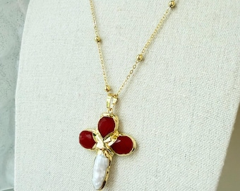Ruby Red Gold Plated Cross Necklace with Baroque Pearl Pendant | Gold Beaded Chain Statement Necklace | Vintage Inspired Jewelry Gift