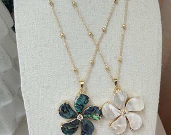 Gold Flower Shell Necklace | Abalone Shell  Mother of Pearl Pendant Necklace | Coastal Beach Jewelry | Floral Statement Necklace