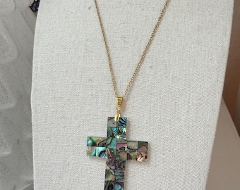 Abalone Shell Cross Necklace, Mosaic Cross Pendant, Gold Tone Stainless Steel Chain, Iridescent Shell Jewelry, jewelry Gift