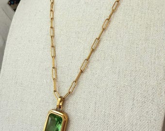 Emerald Green Crystal Pendant Necklace | Gold Paperclip Chain Necklace | Minimalist Gold Charm Necklace | Layering Jewelry Gift for Her