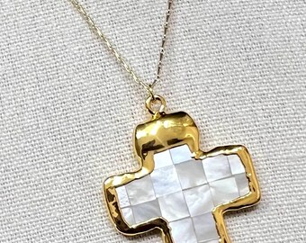 Mother of pearl white pearlescent shell cross pendant with golden trim pendant necklace handmade
