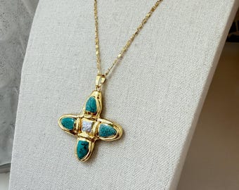 Freshwater Pearl turquoise  Cross Pendant Necklace Gold plated 18” Chain