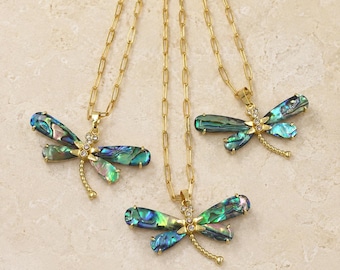 Abalone Dragonfly Necklace Gold | Iridescent Shell Dragonfly Pendant | Coastal Boho Jewelry | 18” Chain with 2” Extender | Necklace