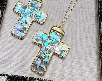Natural Abalone shell cross pendant with golden trim pendant necklace handmade