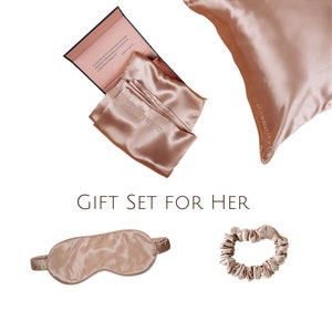 Gift Set for Her | Caramel Mulberry Slip Silk Queen Zip Pillowcase, Sleep Mask and Silk Scrunchy | Gift Idea for Women | Wedding gift idea