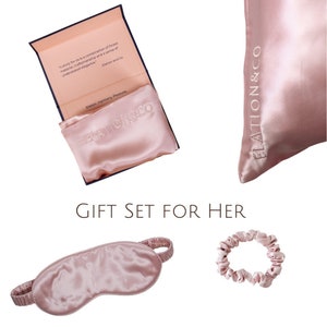 Gift Set for Her | Pink Mulberry Slip Silk Queen Zip Pillowcase, Sleep Mask and Silk Scrunchy | Gift Idea for Women | Wedding gift idea