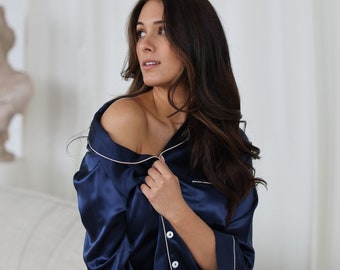 100% MULBERRY SILK PYJAMAS | Luxury Loungewear | Premium Silk pyjamas set in navy blue