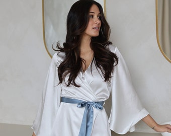 MILEY - 100% Mulberry Silk Robe| Luxury Loungewear| Luxury Bride Gift | Gift for bride | Gift for her | Bridal | Blue Accent | Silk Kimono