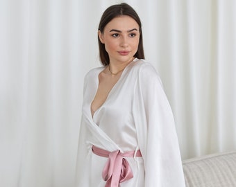 MILEY - 100% Mulberry Silk Robe | Luxury Loungewear | Luxury Bride Gift | Gift for bride | Gift for her | Bridal | Pink Accent | Silk Kimono