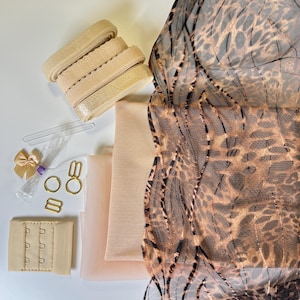 Bra Making Kit | Bra sewing Kit | Non Stretch | Leopard Themed Embroidery Bra DIY Kit | Choice of Black or Beige elastics and mesh