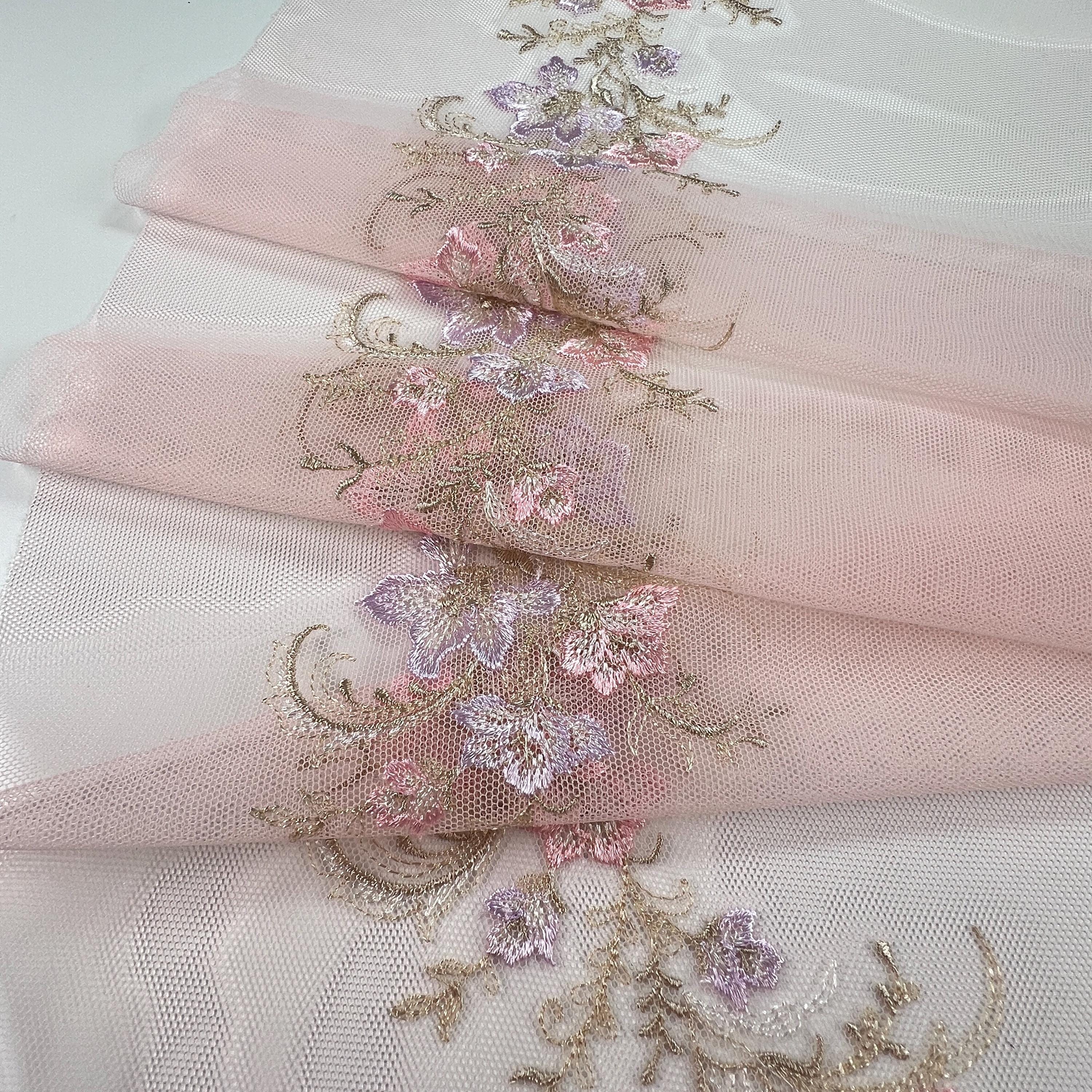 Pastel Meadow Vine – Blush Pink Embroidered Leaf Motif Tulle