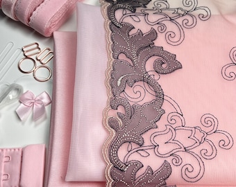 BH-maakset | Naaiset roze basisbeha | DIY pakket kanten bralette met borduursel | BH-set | Roze set met mesh en voering | Roze gaas