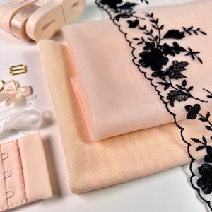 Bra Making Kit | Bra sewing Kit | Non Stretch Mesh | Bralette DIY Kit | Bra Kit | Bralette Kit | Embroidered Tulle Kit | Peach Mesh