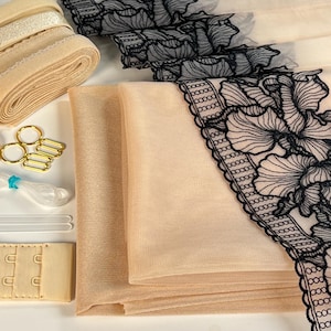 Black Spark Bra Making  Kit | Beige Base Bra sewing Kit | Non Stretch  Lace  | Bra Kit | Beige Mesh and Lining Set