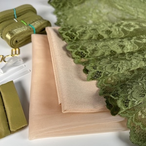 Verde Muse Bra Making Kit | Moss Green Stretch Lace| Bralette DIY Kit| Bra Kit | Bralette Kit |Olive Elastics Set | Beige Mesh and Liner Set