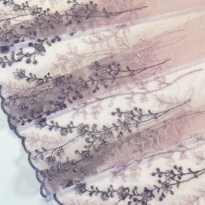 Lilac  Embroidered Lace -  Tulle Lace Trim by the Yard - Lilac and Lavender Floral Pattern on marching colour mesh | 26 cm/10inch