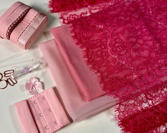 BH-maakset | Naaiset voor bh's | Niet-rekbaar kant | DIY-kit bralette | BH-set | Roze elastieken set | Aardbeiroze power mesh roze voering