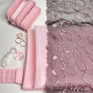 BH-maakset | Naaiset roze basisbeha | DIY pakket kanten bralette met borduursel | BH-set | Roze set met mesh en voering | Roze gaas