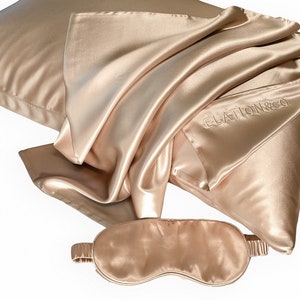 Gift Set for Her | Caramel Mulberry Slip Silk Queen Zip Pillowcase and Sleep Mask | Gift Idea for Women | Wedding gift