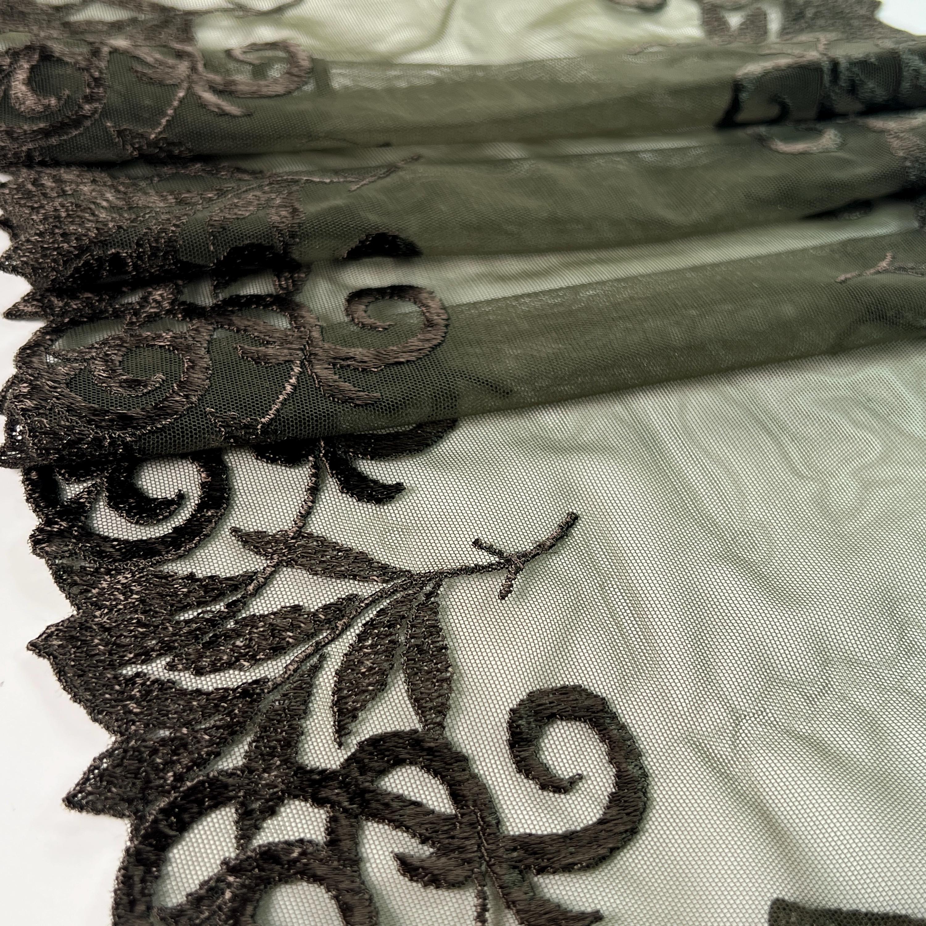 Forest Shadow Lace – Dark Olive Brown Embroidered Tulle Lace With