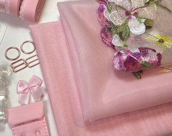 BH-maakset | Naaiset roze basisbeha | DIY-pakket met kanten bralette zonder stretch | BH-set | Roze set met mesh en voering | Roze gaas