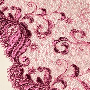 Strawberry Delight Embroidered Lace -  Tulle Lace Trim by the Yard - Floral Pattern on bright pink mesh  or DIY Bra Projects | 18 cm/7 inch
