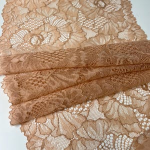 Tan Lace - Premium Nylon Stretch Lace by the Yard - Beig  Floral Pattern Lace with a shiny details for DIY Lingerie | 22 cm/ 8.6 inch