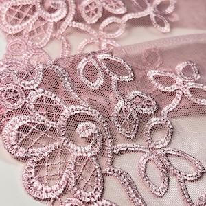 Pink Embroidered Lace -  Tulle Lace Trim by the Yard - Floral Pattern on light pink mesh for DIY Bra Sewing Projects | 22 cm 9inch