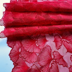 May include: Close-up of a folded, vibrant red lace fabric. The lace features an intricate floral pattern with a delicate, open weave. The fabric is layered, showcasing the detailed design and texture.