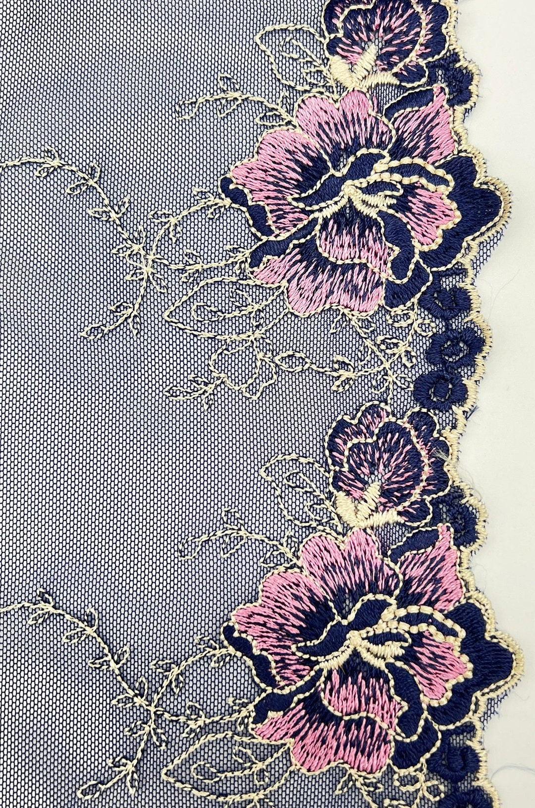 Navy and Blush Embroidered Lace - Tulle Lace Trim by the Yard - Floral ...