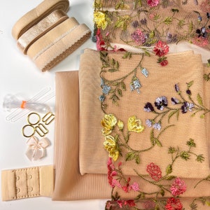 Bra Making Kit | Bra sewing Kit | Non Stretch  Lace| Bralette DIY Kit | Bra Kit | Bralette Kit | Neutral Bra Kit | Floral Embroidery Tulle
