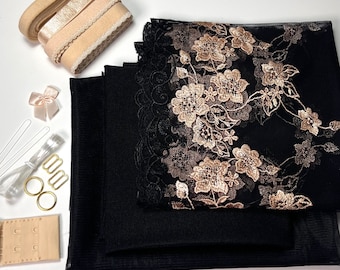 Bra Making Kit | Black Base Bra sewing Kit | Non Stretch Embroidery Lace  Bralette DIY Kit | Bra Kit | Black Mesh and Lining Set |