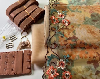 Vintage Garden Dream Bra Making Kit | Bra sewing Kit | Non Stretch Lace | Bralette DIY Kit | Bra Kit | Multicolour  Lace Mocha Elastics
