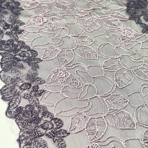 Beerenblüte bestickte Spitze - Tüllspitze Borte Meterware - Blumenmuster auf hellem lila Netzstoff für DIY BH| 20cm | Doppelkante