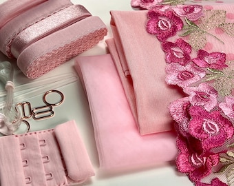 Set voor het maken van roze bh's | Naaiset voor bh's | Niet-rekbaar kant| DIY-kit bralette | BH-set | Braletteset | Kit roze gaas en elastiek