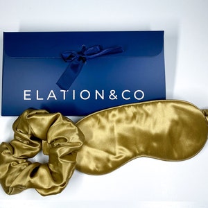 SET 2 SILK Essentials Gold-  Sleep Mask & XL Scrunchy | Premium 8-layers 22mm Mulberry Silk Sleep Mask |  | Anti-Aging Mask