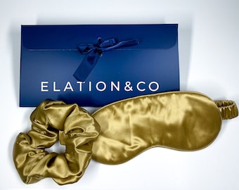 SET 2 SILK Essentials Gold-  Sleep Mask & XL Scrunchy | Premium 8-layers 22mm Mulberry Silk Sleep Mask |  | Anti-Aging Mask