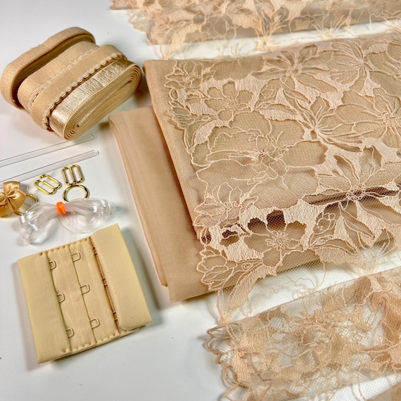 Bra Making Kit | Bra sewing Kit | Non Stretch Lace | Bralette DIY Kit | Bra Kit | Bralette Kit | Beige Elastics Set | Beige Mesh Liner Set