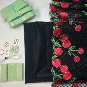 Cherry  Premium Bra Making Kit | Bra sewing Kit | Non Stretch | Bralette DIY Kit | Bra Kit | Paradise Green Elastics Set | Non stretch