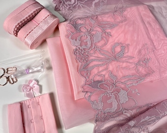BH-maakset | Naaiset voor bh's | Elastisch kant | DIY-kit bralette | BH-set | Roze elastieken set | Roze set mesh en voering