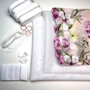Bra Making Kit | White Base Bra sewing Kit | Embroidery Lace | Bralette DIY Kit | Bra Kit | White Mesh and Lining Set | White Mesh