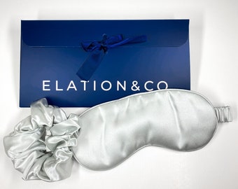 SET 2 SILK Silver -  Sleep Mask & XL Scrunchy | Premium 8-layers 22mm Mulberry Silk Sleep Mask |  | Anti-Aging Mask