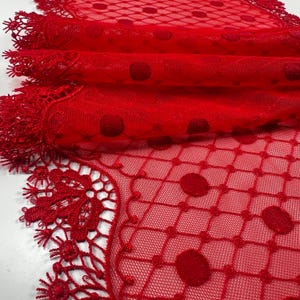May include: A close-up of a folded red lace fabric with a dotted pattern. The fabric has a delicate, open weave with a decorative scalloped edge. The lace is a vibrant shade of red.