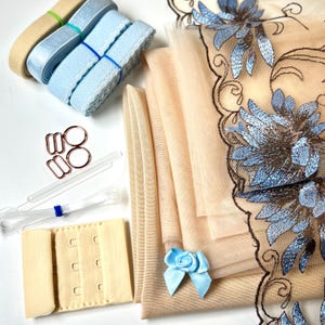 Blue Ember  Premium Bra Making Kit | Bra sewing Kit | Non Stretch | Bralette DIY Kit | Bra Kit | Beige and Blue  Elastics Set | Non stretch