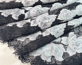Smoky Rose - Schwarz & Silber Premium Nylon Stretch Lace lose auf Lager | | Gothic Wäsche-Spitze| Boudoir Nähset Material | 22cm Durchmesser